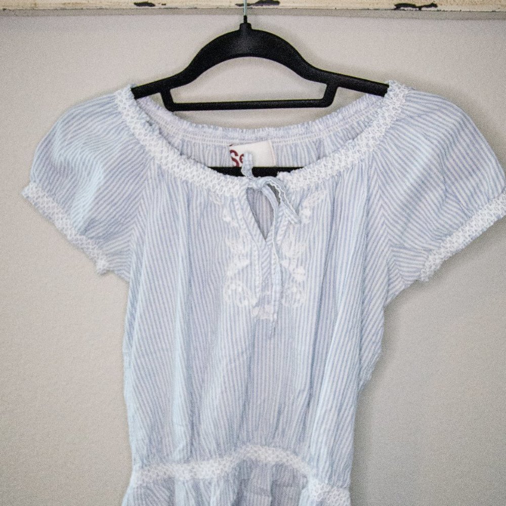 SO Pinstripe Peasant Top with Lace Detail